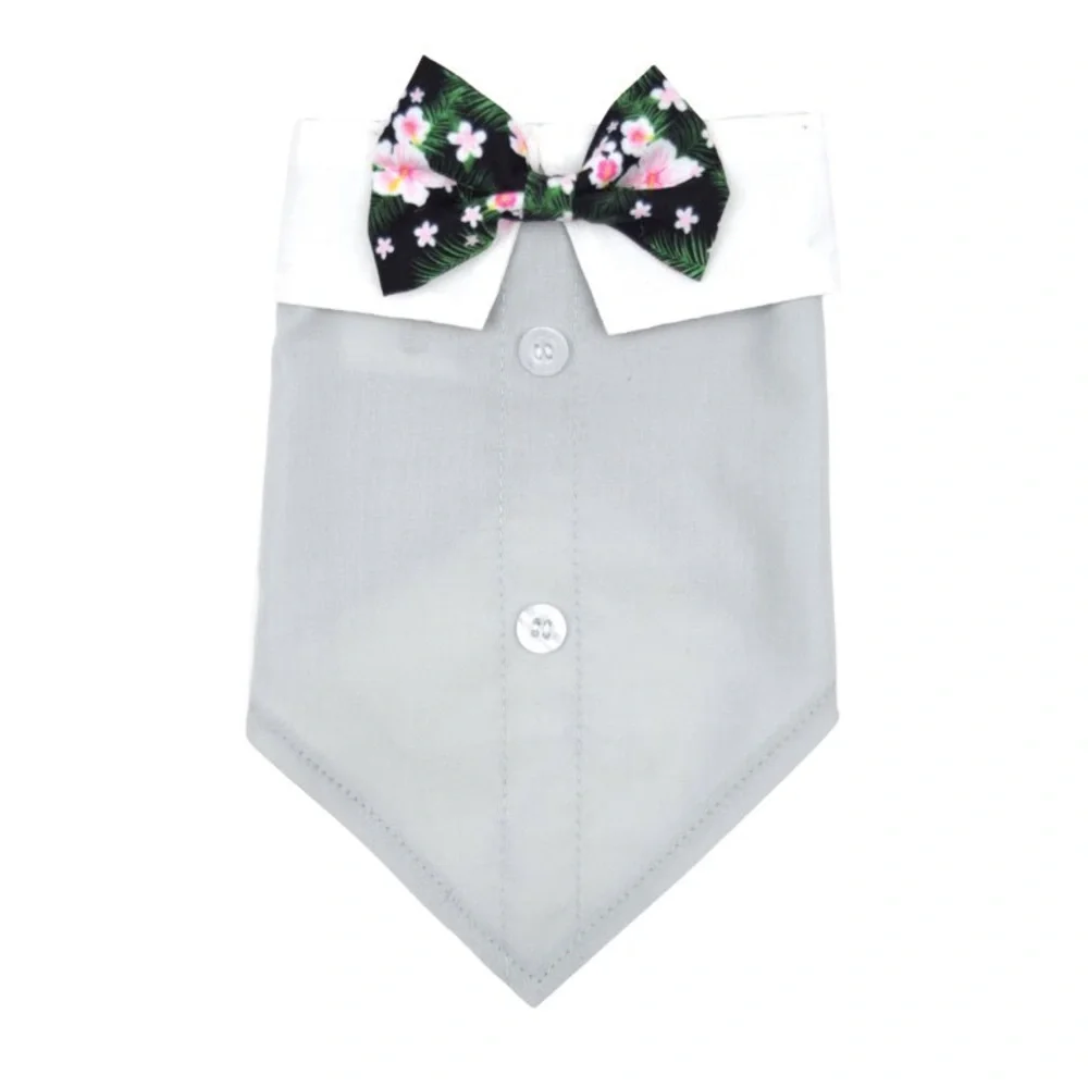 Gray Dog Bandana with Floral Bow Tie